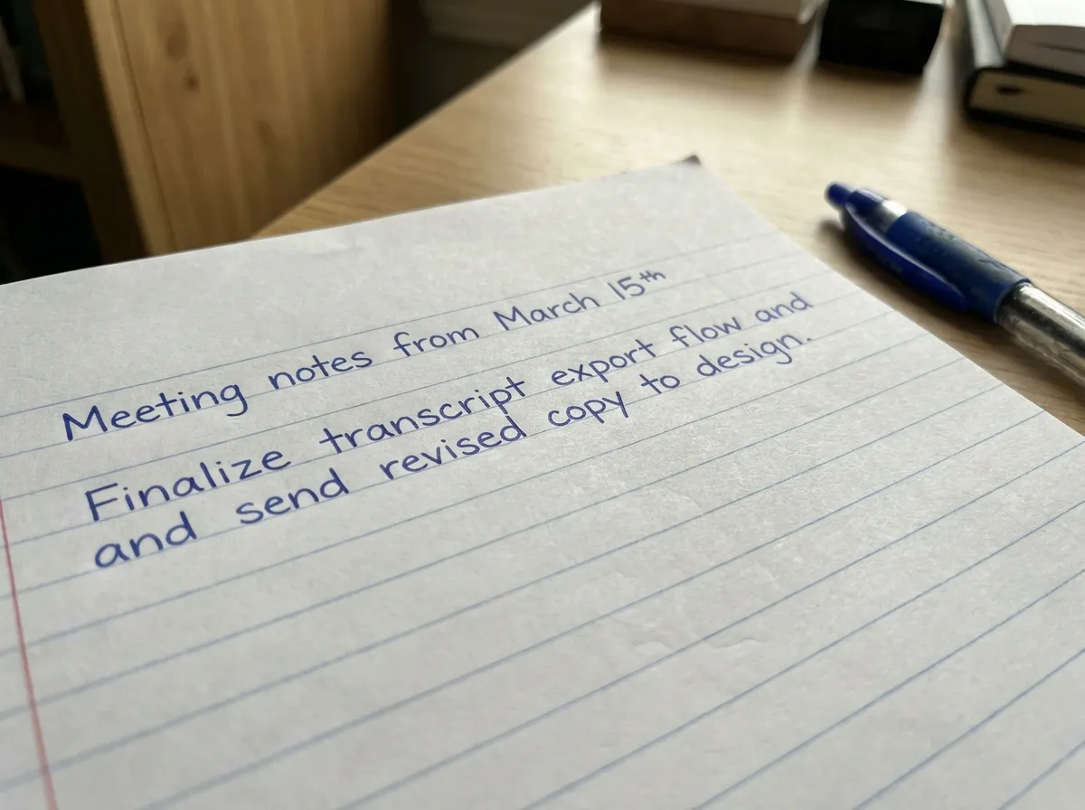Handwritten meeting notes on lined paper